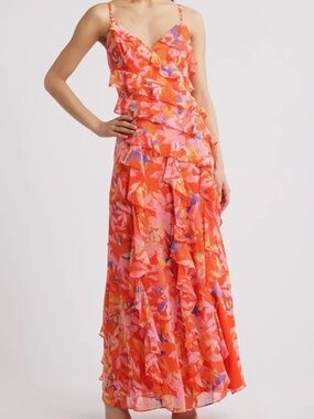 Eliza J Coral Orange Floral Ruffle Maxi Dress